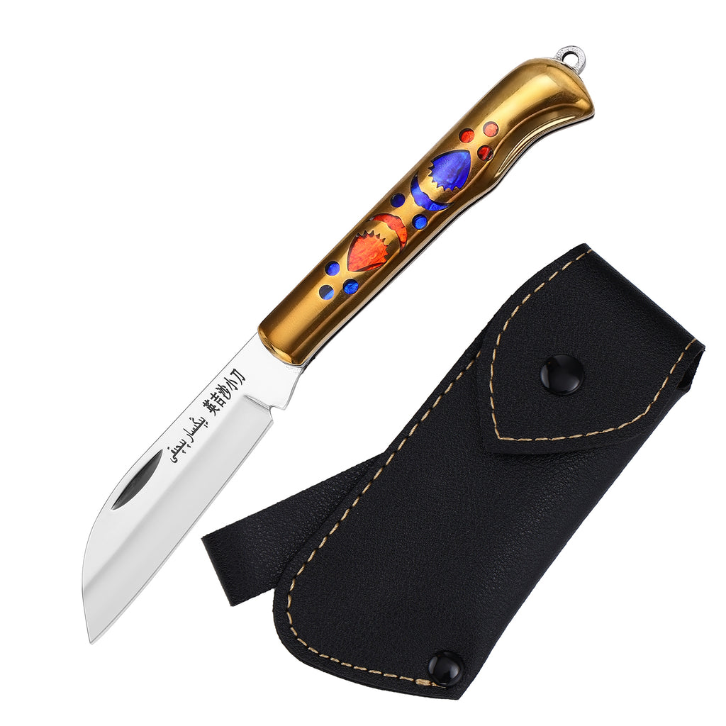 Folding knife with brass handle inlays, comes with leather sheath