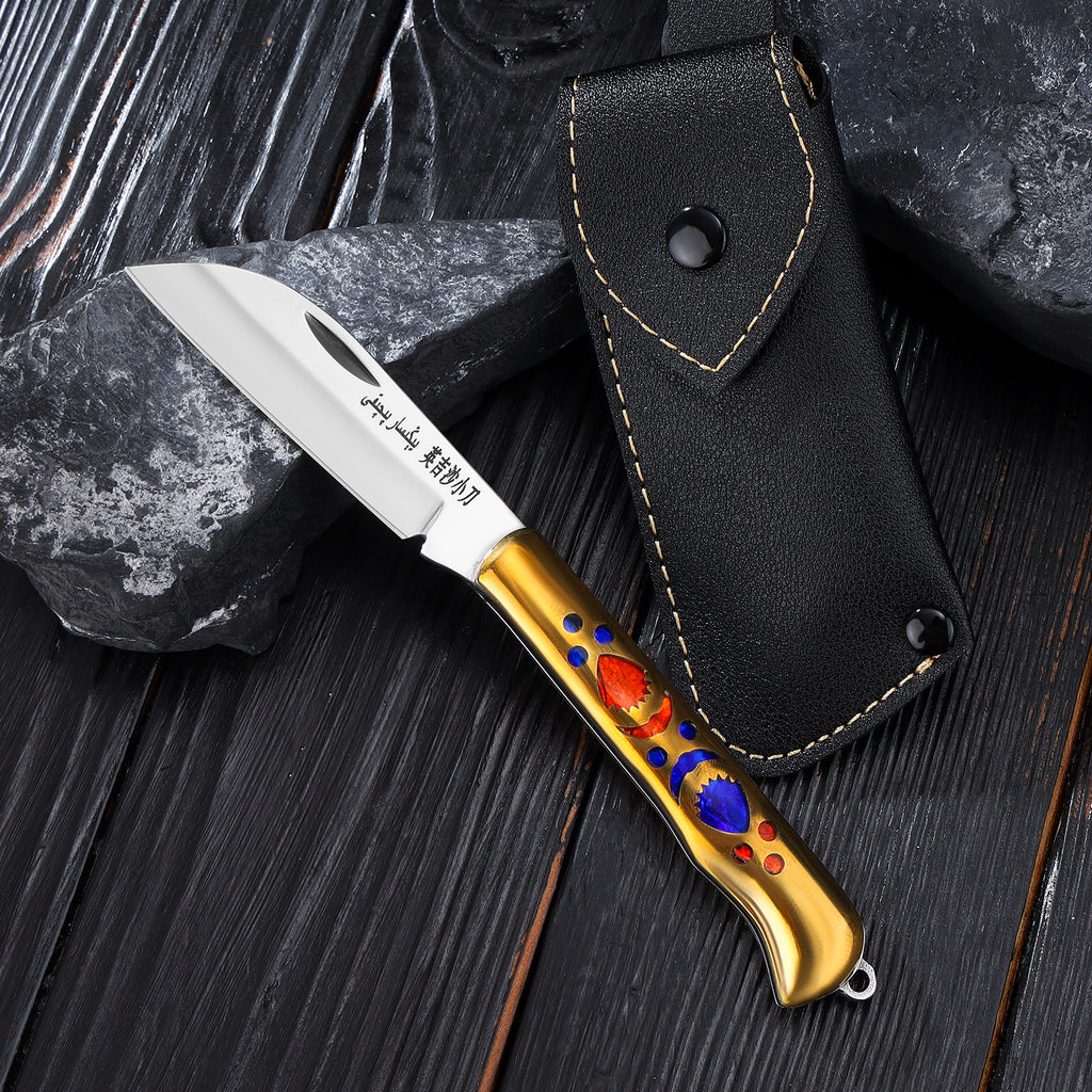 Folding knife with brass handle inlays, comes with leather sheath