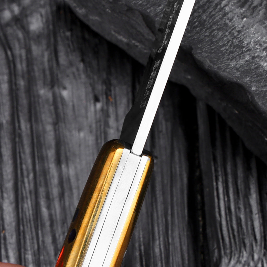 Folding knife with brass handle inlays, comes with leather sheath